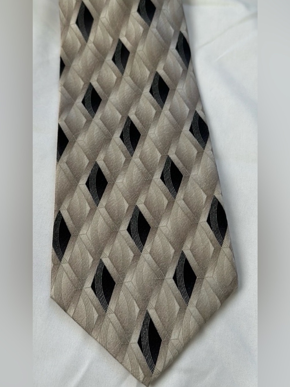 Pierre Cardin 100% Silk Tie Necktie Grey Black Tan Geometric Diamond Abstract
